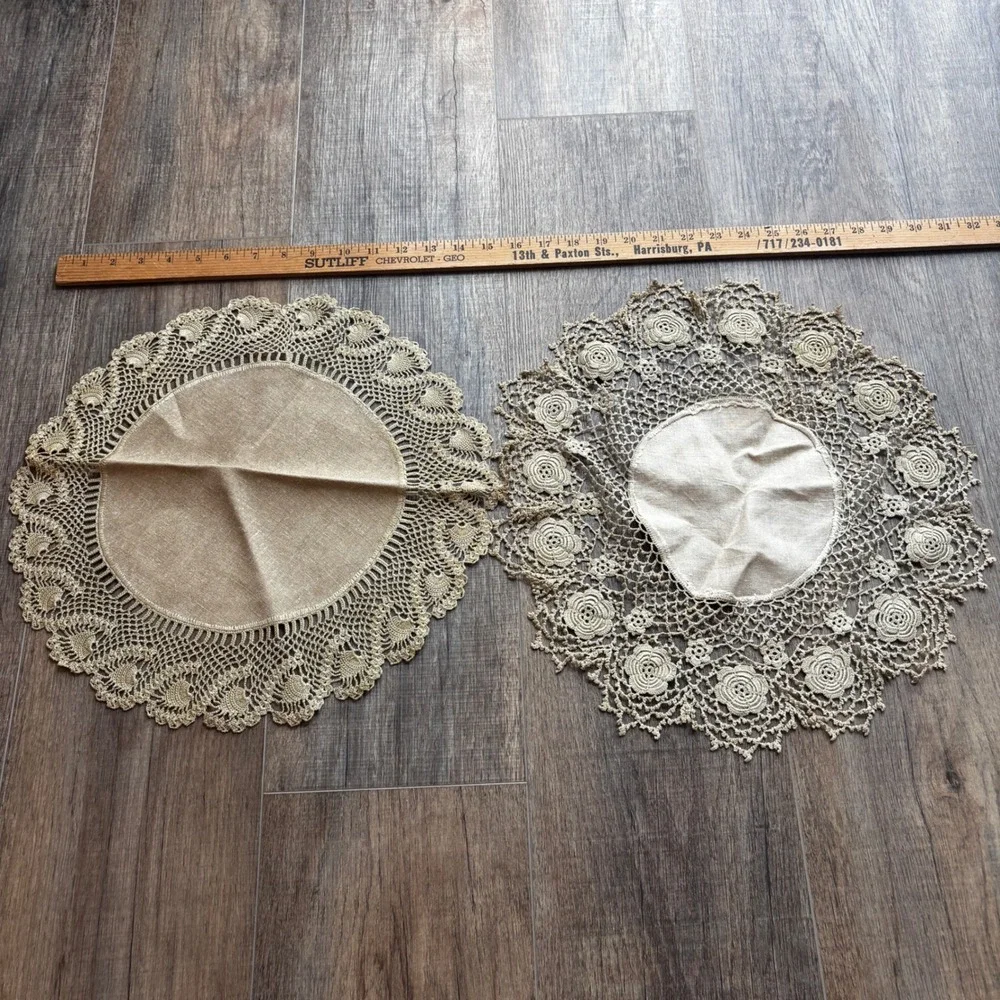 Vintage Handmade Crochet Lace Doily Lot 8pc Mixed Shapes Beige Cream Shabby Chic